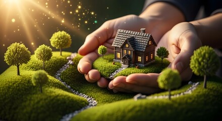 Hands cupping miniature eco house and green nature. Environmental protection and property insurance. Human palms protecting small home with trees and sunlight.