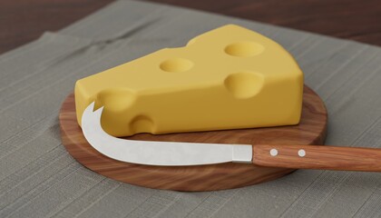 Emmental cheese and knife on table 3D computer generated image