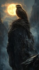 Nocturnal sentinel: A majestic bird perched high amidst a dreamscape under lunar glow