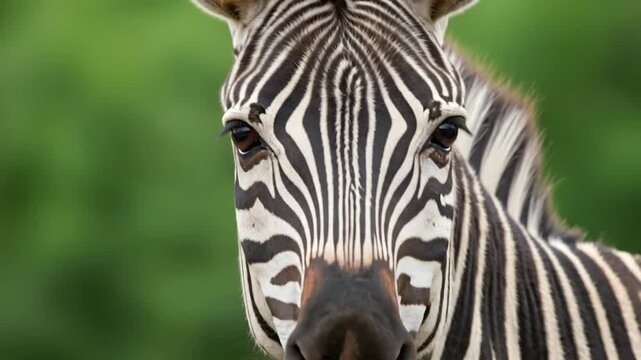 Close-up of a zebra's face showcasing its striking stripes.