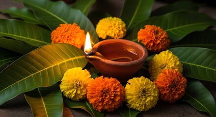 Clay diya with marigold flowers and mango leaves