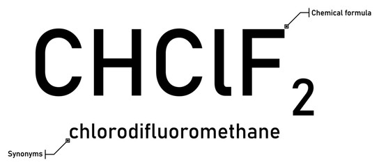 Chlorodifluoromethane chemical formula with callout titles