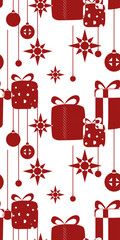 Simple Christmas vector seamless pattern. Abstract New Year's print design. Graphic holiday background. Many big gift boxes, hanging tree baubles, stars. Modern festive image. Silhouette shape icons
