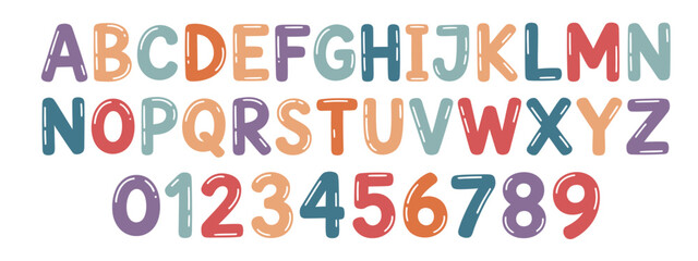 Colorful wax crayon letters and numbers alphabet,  drawn with playful scribbles, featuring a kids font style with chalk and pencil texture for creative school or nursery designs.