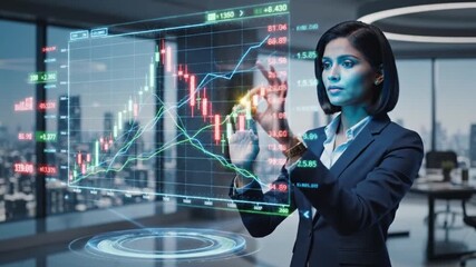 Focused businesswoman interacts with a glowing holographic stock market chart displaying financial data analysis in a modern highrise office setting - Powered by Adobe