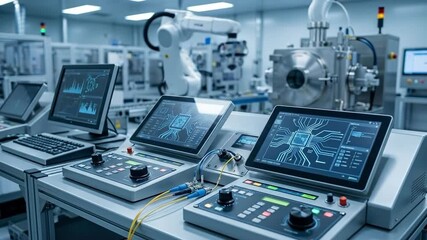 Robotic arm interfacing with holographic quantum network display in advanced lab. AI system analyzes big data flows and cloud connections across evolving digital maps. video footage video footage - Powered by Adobe