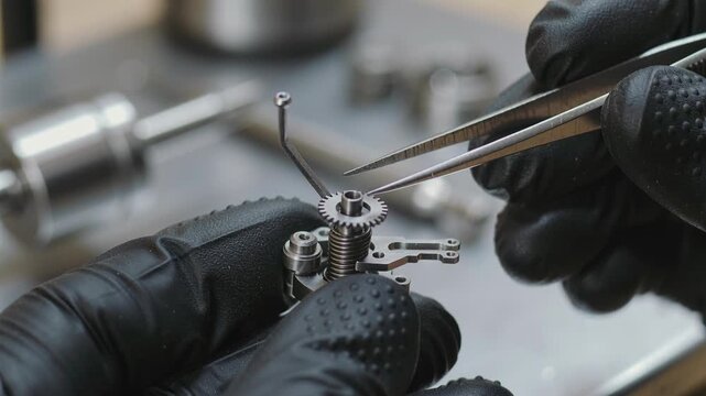 Man in black gloves assembling intricate metallic clockwork mechanism with tweezers for watchmaking precision task