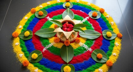 Colorful rangoli design with flowers and brass bowl