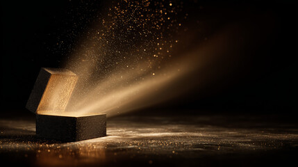 Light shines from an open box creating a glowing effect with dust particles in a dark environment during a creative art session