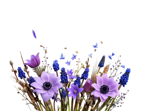 A vibrant floral arrangement featuring purple and blue flowers against a stark black background - Powered by Adobe