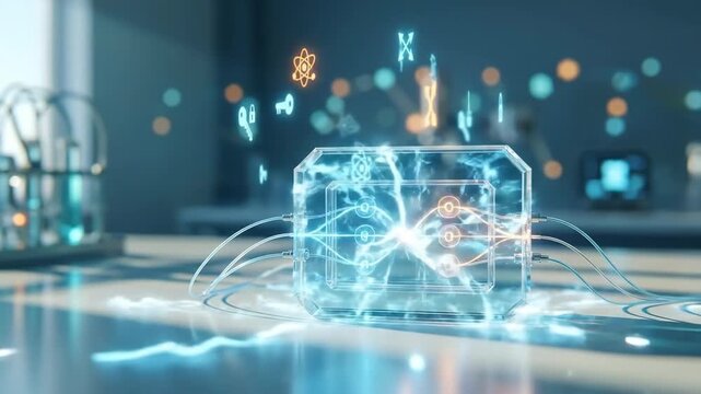 Quantum crystal device connecting in futuristic lab. Energy links activating network. Advanced visualization of quantum computing and ai data management for cloud integration. video footage video