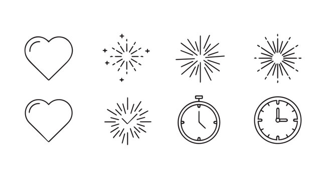 Collection of simple line art icons including hearts fireworks and clocks silhouette