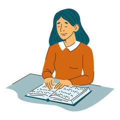 Blind female character reading Braille book vector isolated. Person with vision disability reading braille text. Fingers touching text written in dots. Young adult woman reading book using hands.
