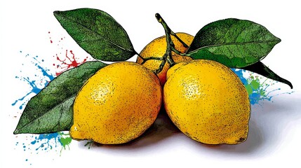 Vibrant watercolor illustration of three ripe lemons with green leaves, surrounded by colorful splashes, showcasing freshness and natural beauty in a creative artistic style