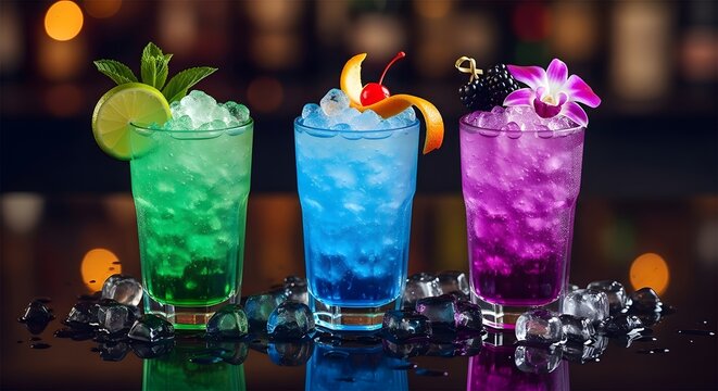Three colorful fruit cocktails with ice and tropical garnish. Summer party drinks and nightlife. Cold alcohol beverages with mint and orchid on bar counter.