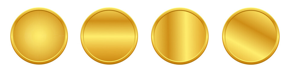 Set of four glossy, blank gold metallic coins, medals with various reflective highlights
