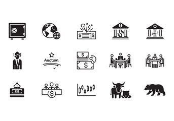 Bank and finance icon set. Business and corporation vector signs. Contain symbol of safe, global market, auction, crowd funding, start up, meeting, stock, bull and bear.