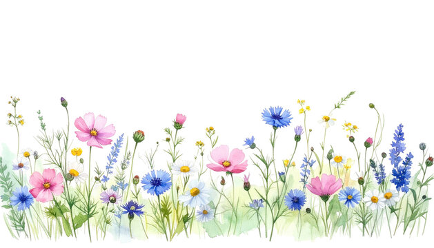 Colorful watercolor meadow with various wildflowers and green leaves