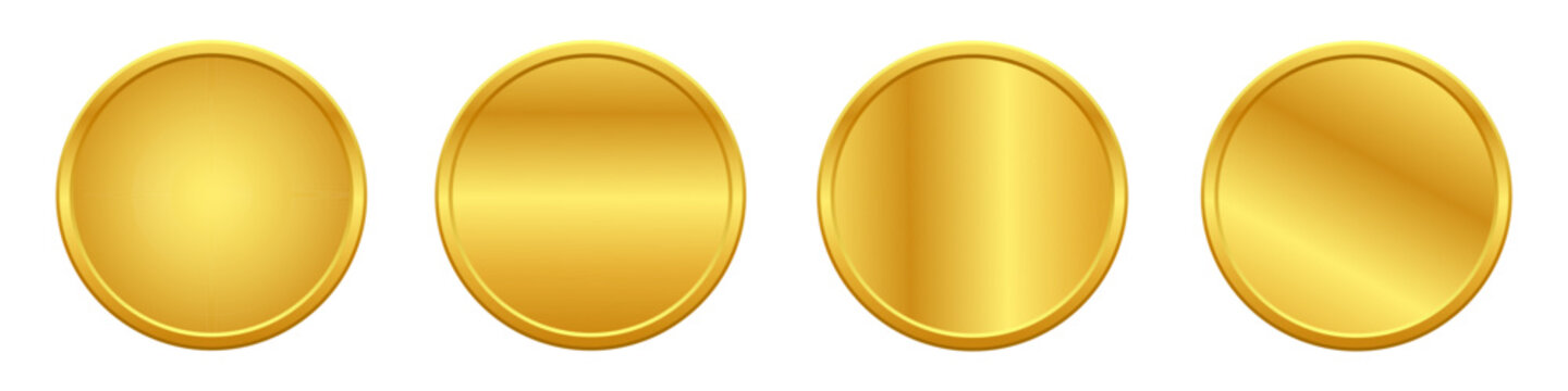 Set of four glossy, blank gold metallic coins, medals with various reflective highlights