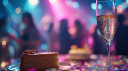 Celebration scene featuring a piece of cake and a glass of sparkling drink with people dancing in the background at a vibrant party