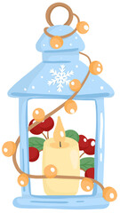 Cozy Winter Pastel – Lantern with Candle and Berries – Cute Clipart