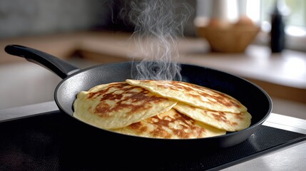 Freshly cooked pancakes sizzling in a black frying pan, with steam rising, placed on a modern kitchen countertop, showcasing delicious breakfast preparation and inviting atmosphere