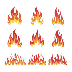 Fire flames flat collection with various burning shapes,
