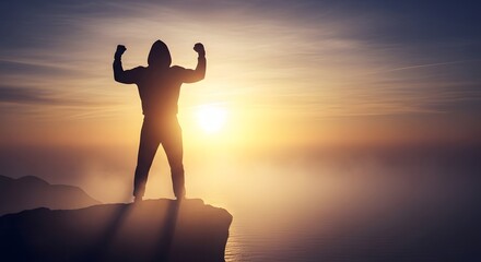 Fototapeta premium Silhouette of strong man flexing muscles on cliff. Fitness motivation and personal power. Hooded athlete showing strength on mountain peak at sunset.