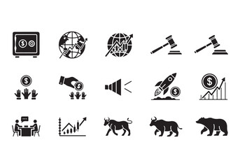 Bank and finance icon set. Business and corporation vector signs. Contain symbol of safe, global market, auction, crowd funding, start up, meeting, stock, bull and bear.