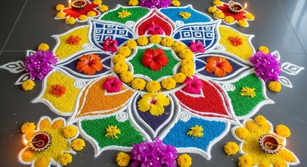 Colorful rangoli design with flowers and lamps