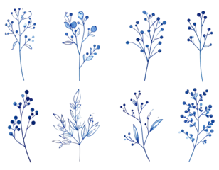 Eight stylized botanical illustrations, in various formations, with blue and white color