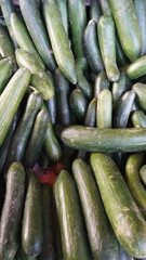 Close-up of fresh green cucumbers arranged in a dense, overlapping pattern, viewed from above, abundance concept.