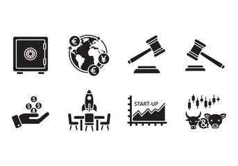 Bank and finance icon set. Business and corporation vector signs. Contain symbol of safe, global market, auction, crowd funding, start up, meeting, stock, bull and bear.