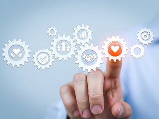 Hand touching glowing gear with heart icon