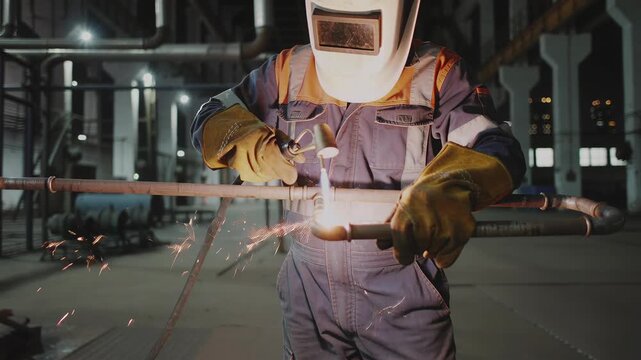 Man welding pipe with torch in industrial factory. Worker with protective mask brazing metal tube. Sparks flying from metalwork.