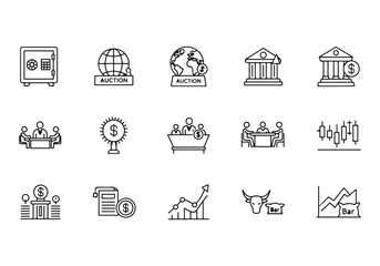 Bank and finance icon set. Business and corporation vector signs. Contain symbol of safe, global market, auction, crowd funding, start up, meeting, stock, bull and bear.