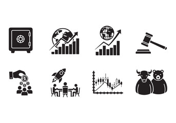 Bank and finance icon set. Business and corporation vector signs. Contain symbol of safe, global market, auction, crowd funding, start up, meeting, stock, bull and bear.