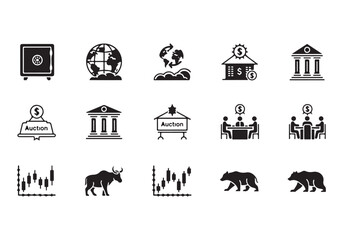 Bank and finance icon set. Business and corporation vector signs. Contain symbol of safe, global market, auction, crowd funding, start up, meeting, stock, bull and bear.
