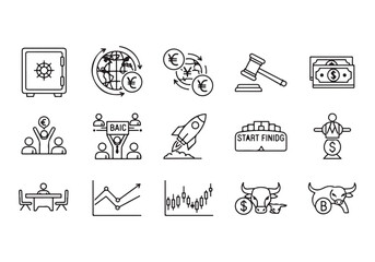 Bank and finance icon set. Business and corporation vector signs. Contain symbol of safe, global market, auction, crowd funding, start up, meeting, stock, bull and bear.