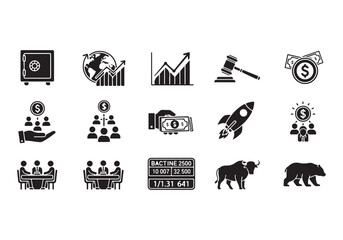 Bank and finance icon set. Business and corporation vector signs. Contain symbol of safe, global market, auction, crowd funding, start up, meeting, stock, bull and bear.