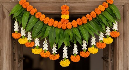 Floral garland with mango leaves on wooden door