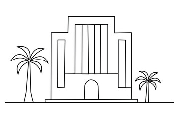 One line drawing of building with palm trees