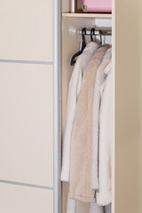 warm winter coats hanging in wardrobe closet