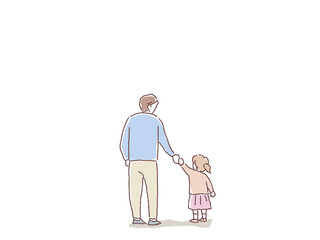 子供（小さい女の子）と手を繋ぐ男性（父親）
