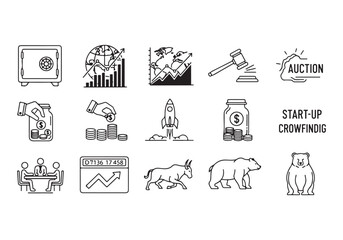 Bank and finance icon set. Business and corporation vector signs. Contain symbol of safe, global market, auction, crowd funding, start up, meeting, stock, bull and bear.