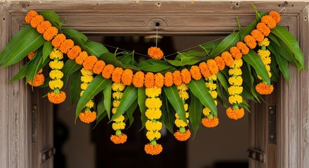 Floral garland with mango leaves on wooden door