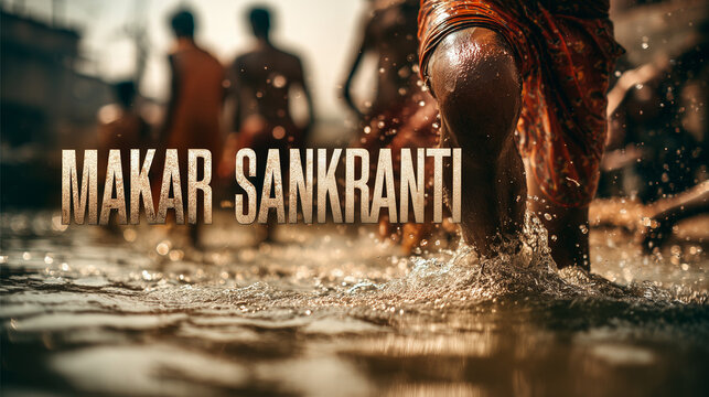 Pilgrims wading through river during festival ritual.