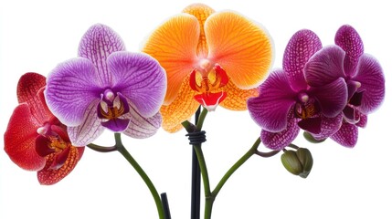 Naklejka premium Close-up of colorful orchid blossoms against a white background.