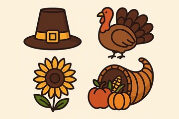Cute Thanksgiving and Autumn Harvest Holiday Icons Collection
