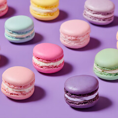 Fototapeta premium Scattered colorful macarons on pastel purple